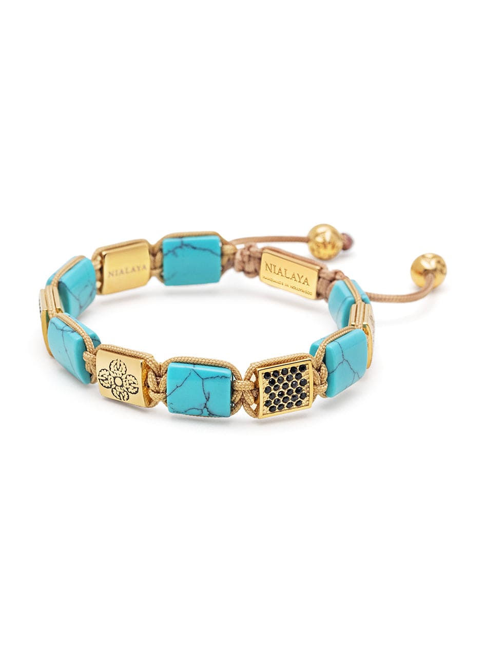 Nialaya Women's Flatbead Bracelet Women's Turquoise Flatbead Bracelet with Gold Dorje and Black CZ Diamonds
