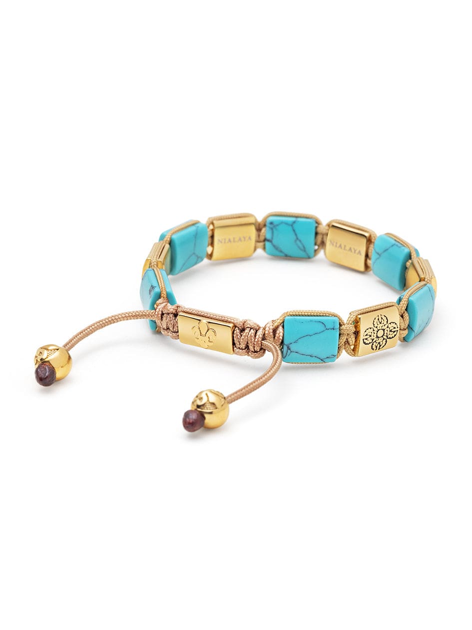 Nialaya Women's Flatbead Bracelet Women's Turquoise Flatbead Bracelet with Gold Dorje and Black CZ Diamonds