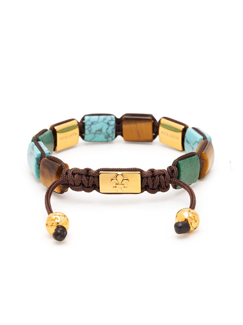 Nialaya Women's Flatbead Bracelet Women's Turquoise, Green Jade, and Brown Tiger Eye Flatbead Bracelet with Gold Plated Dorje