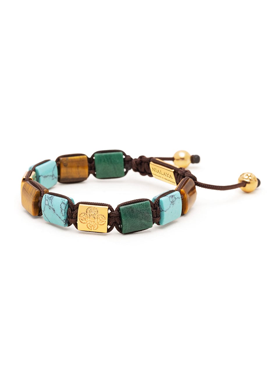Nialaya Women's Flatbead Bracelet Women's Turquoise, Green Jade, and Brown Tiger Eye Flatbead Bracelet with Gold Plated Dorje