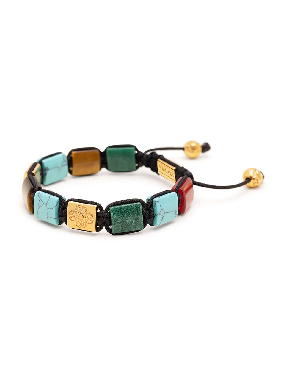 Nialaya Women's Flatbead Bracelet Women's Turquoise, Green Jade, Red Jade, and Brown Tiger Eye Flatbead Bracelet with Gold Plated Dorje