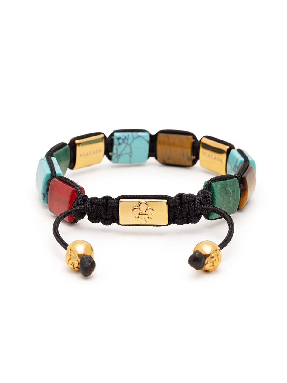 Nialaya Women's Flatbead Bracelet Women's Turquoise, Green Jade, Red Jade, and Brown Tiger Eye Flatbead Bracelet with Gold Plated Dorje