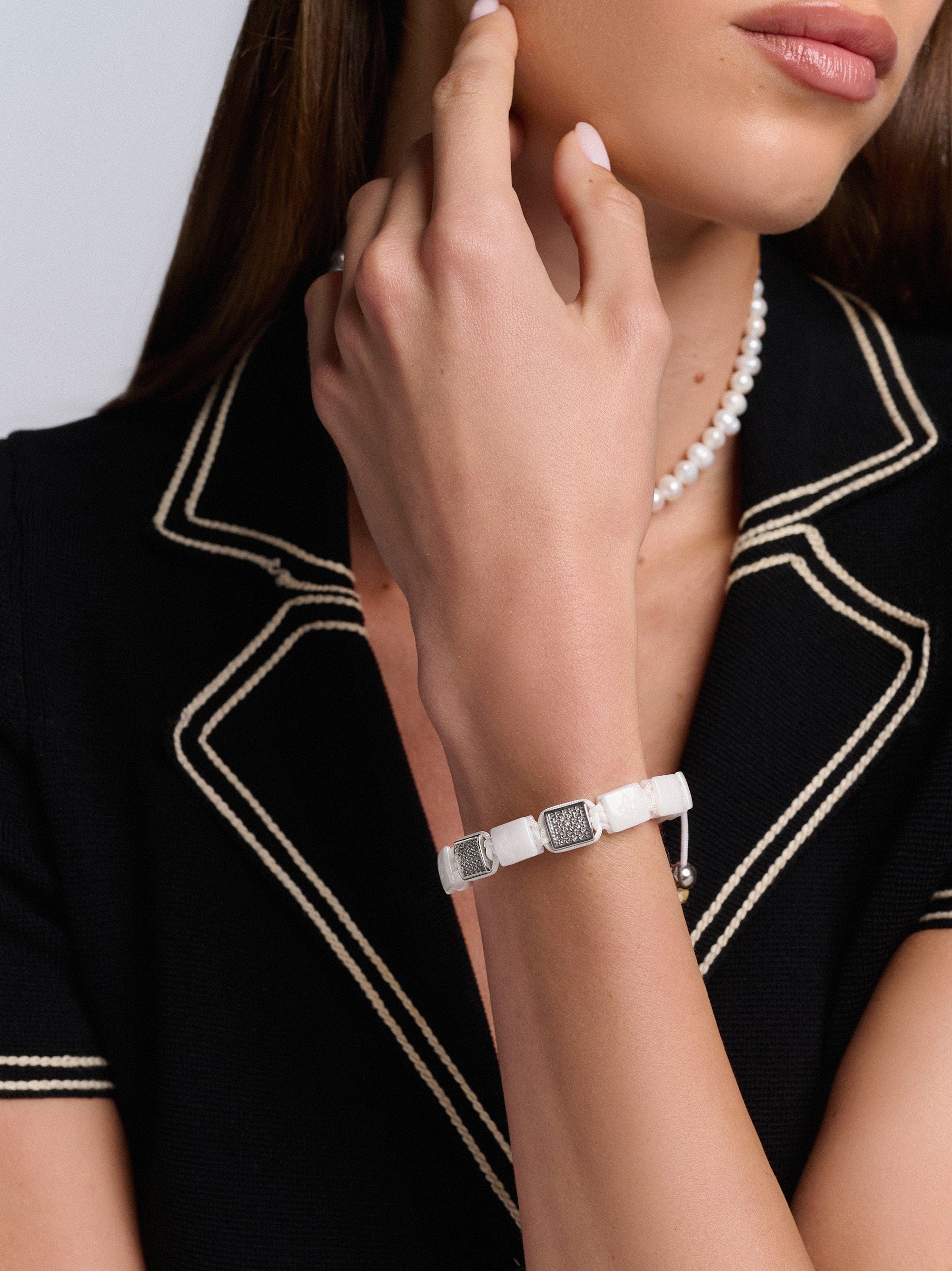 Nialaya Women's Flatbead Bracelet Women's White Ceramic Flatbead Bracelet with Silver CZ Women's White Ceramic Flatbead Bracelet with Silver CZ
