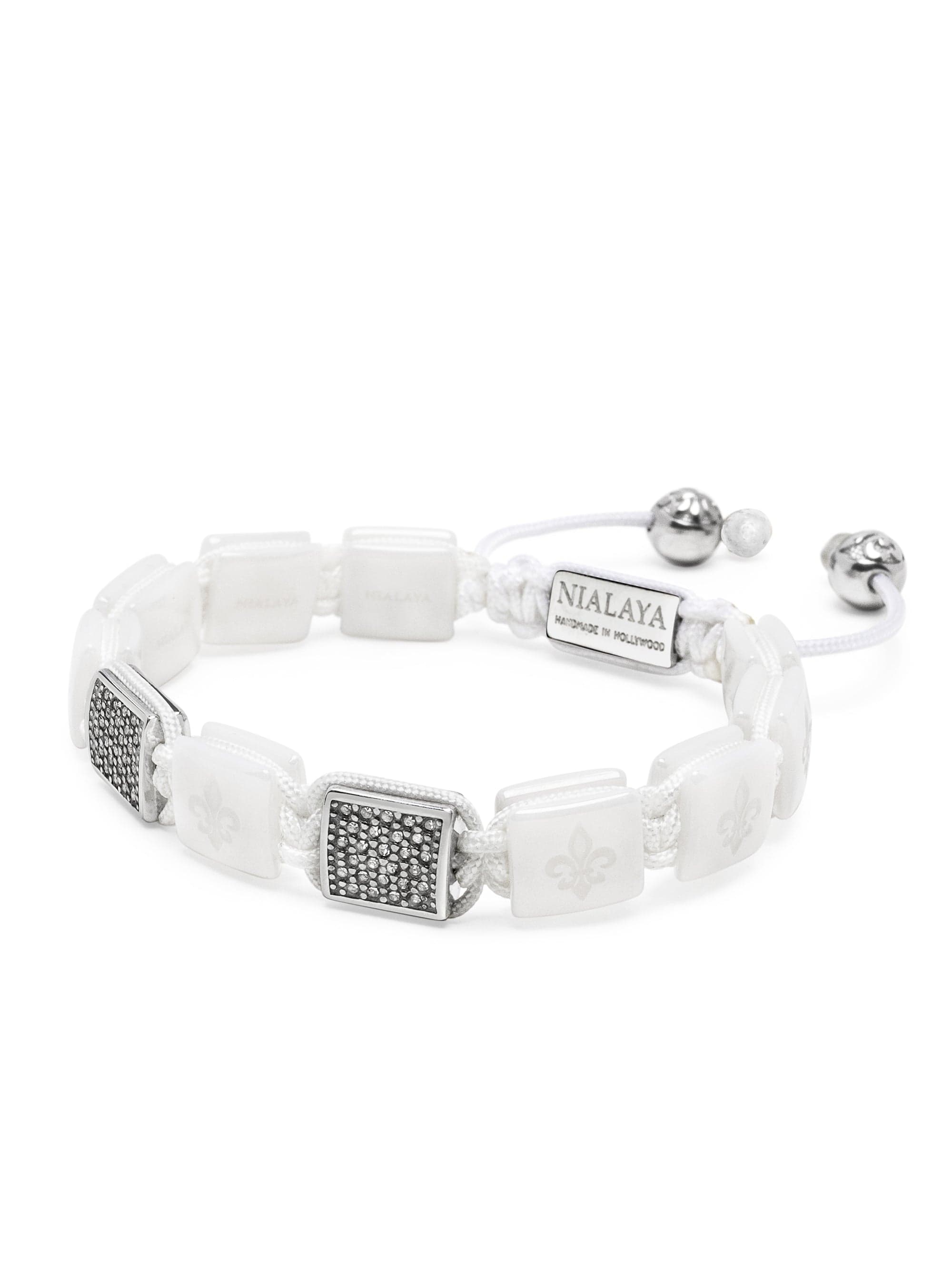 Nialaya Women's Flatbead Bracelet Women's White Ceramic Flatbead Bracelet with Silver CZ Women's White Ceramic Flatbead Bracelet with Silver CZ