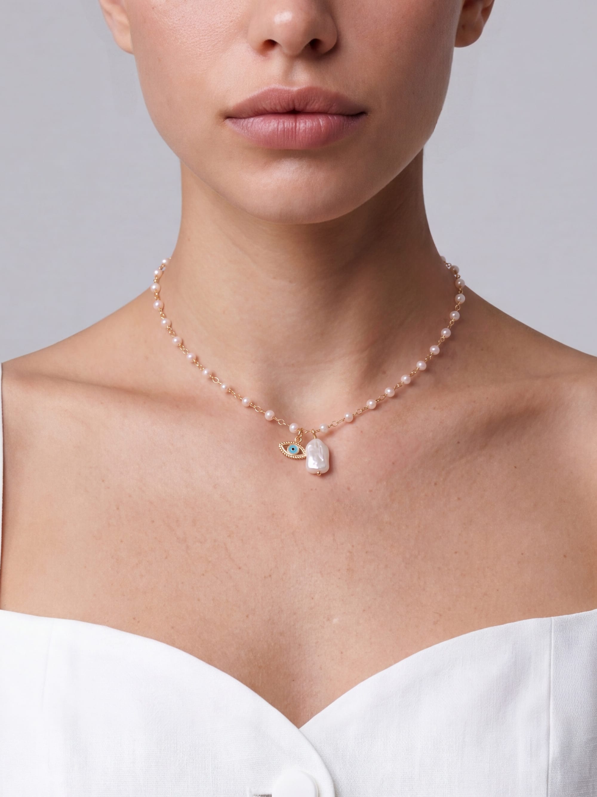 Nialaya Women's Necklace Evil Eye Pearl Choker Evil Eye Pearl Choker 15 Inches / 38.1 cm WNECK_350