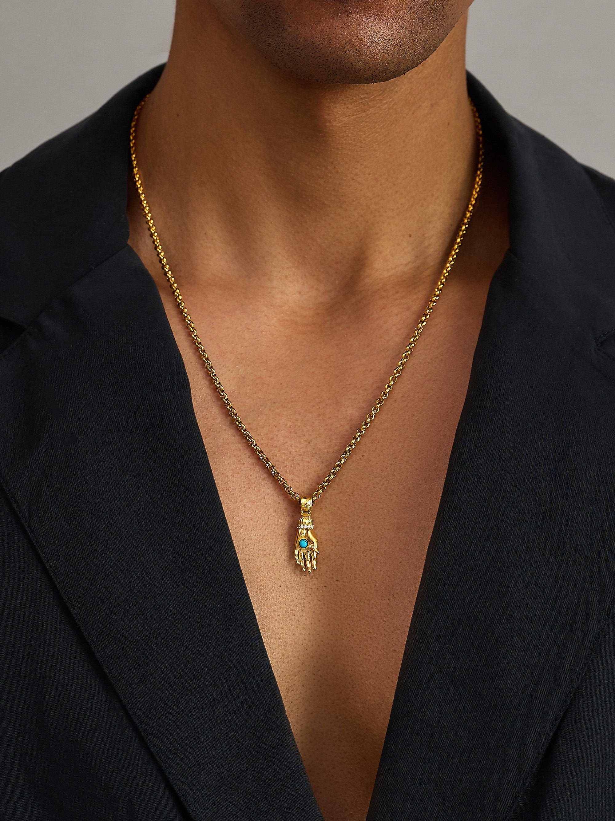 Nialaya Women's Necklace Men's Hand Pendant with a Small Turquoise Gemstone in Gold Men's Hand Pendant with a Small Turquoise Gemstone in Gold
