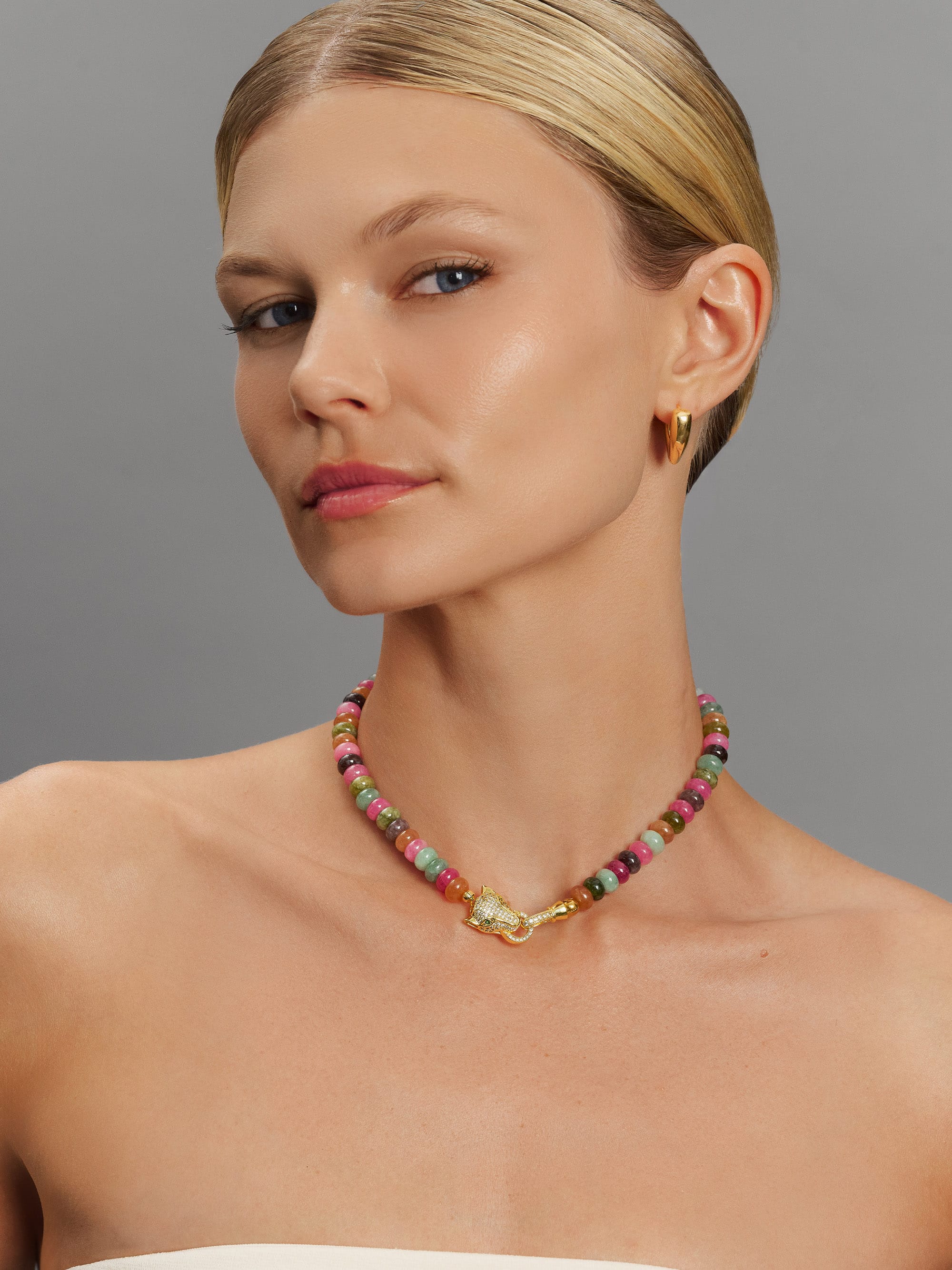 Nialaya Women's Necklace Mixed Gemstone Choker with Panther Head Mixed Gemstone Choker with Panther Head 15 in / 38.1 cm WNECK_346
