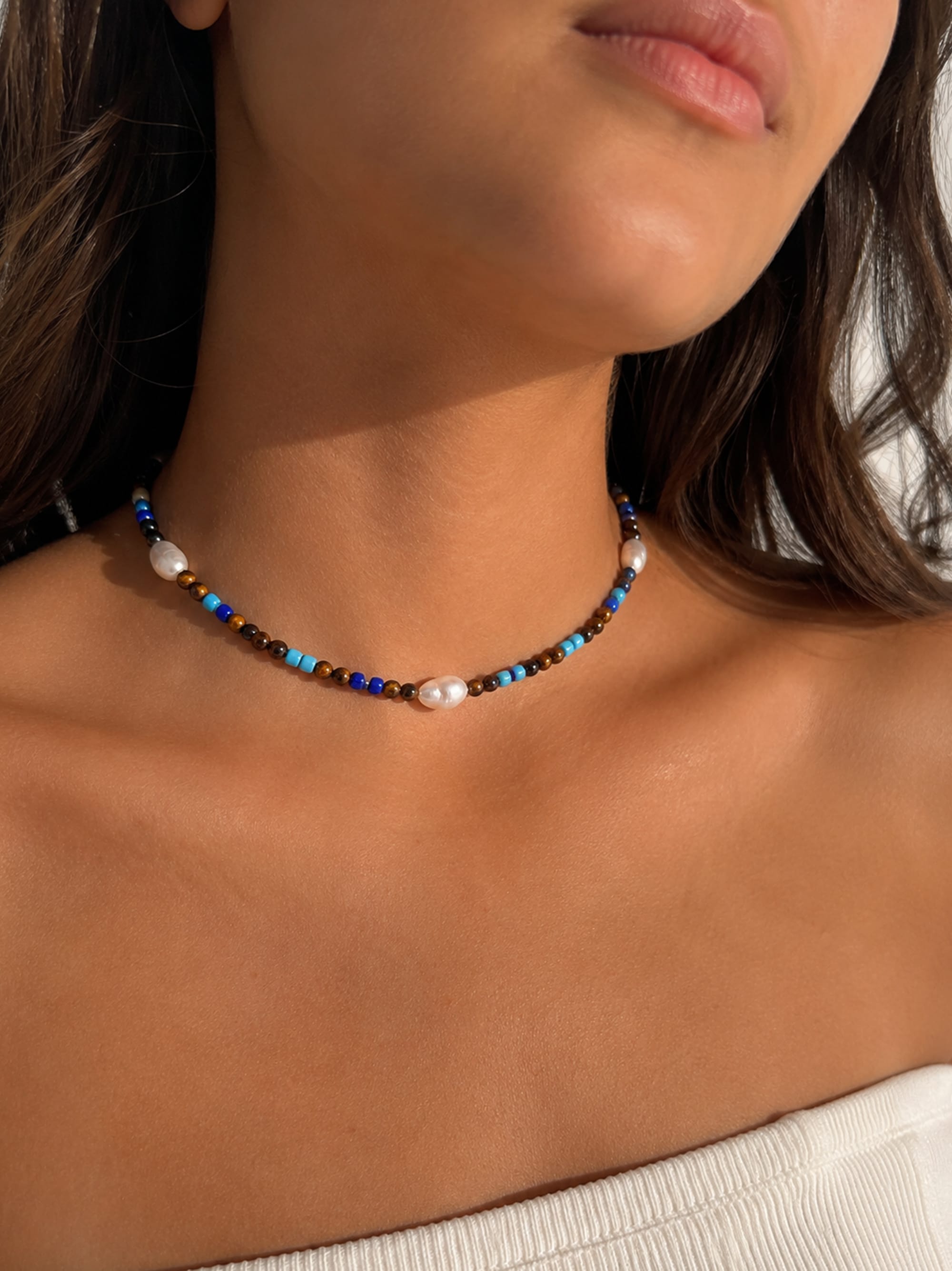 Nialaya Women's Necklace Multicolored Beaded Choker with Baroque Pearls Multicolored Beaded Choker with Baroque Pearls 15 Inches / 38.1 cm WNECK_356