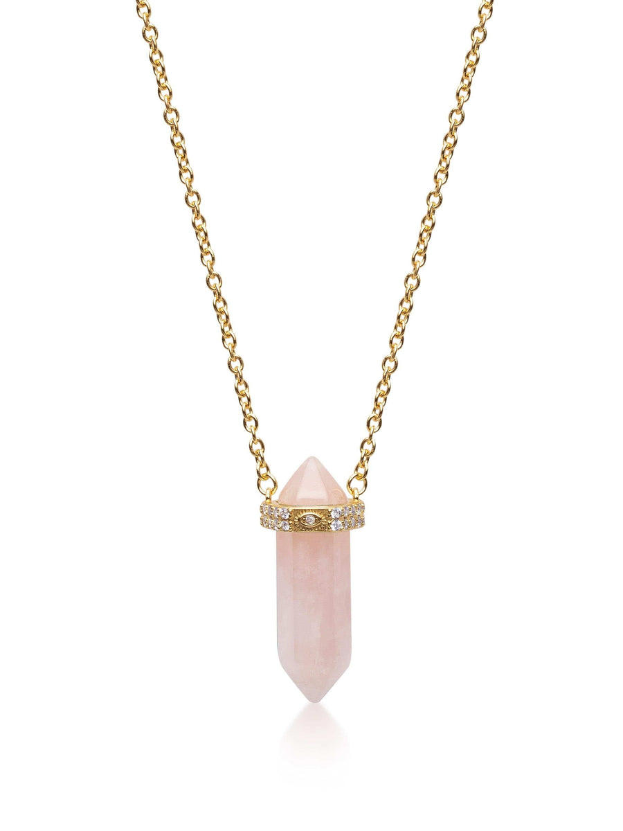 Sterling Silver Rose Quartz Crystal Necklace with Engraved Evil Eye Detail