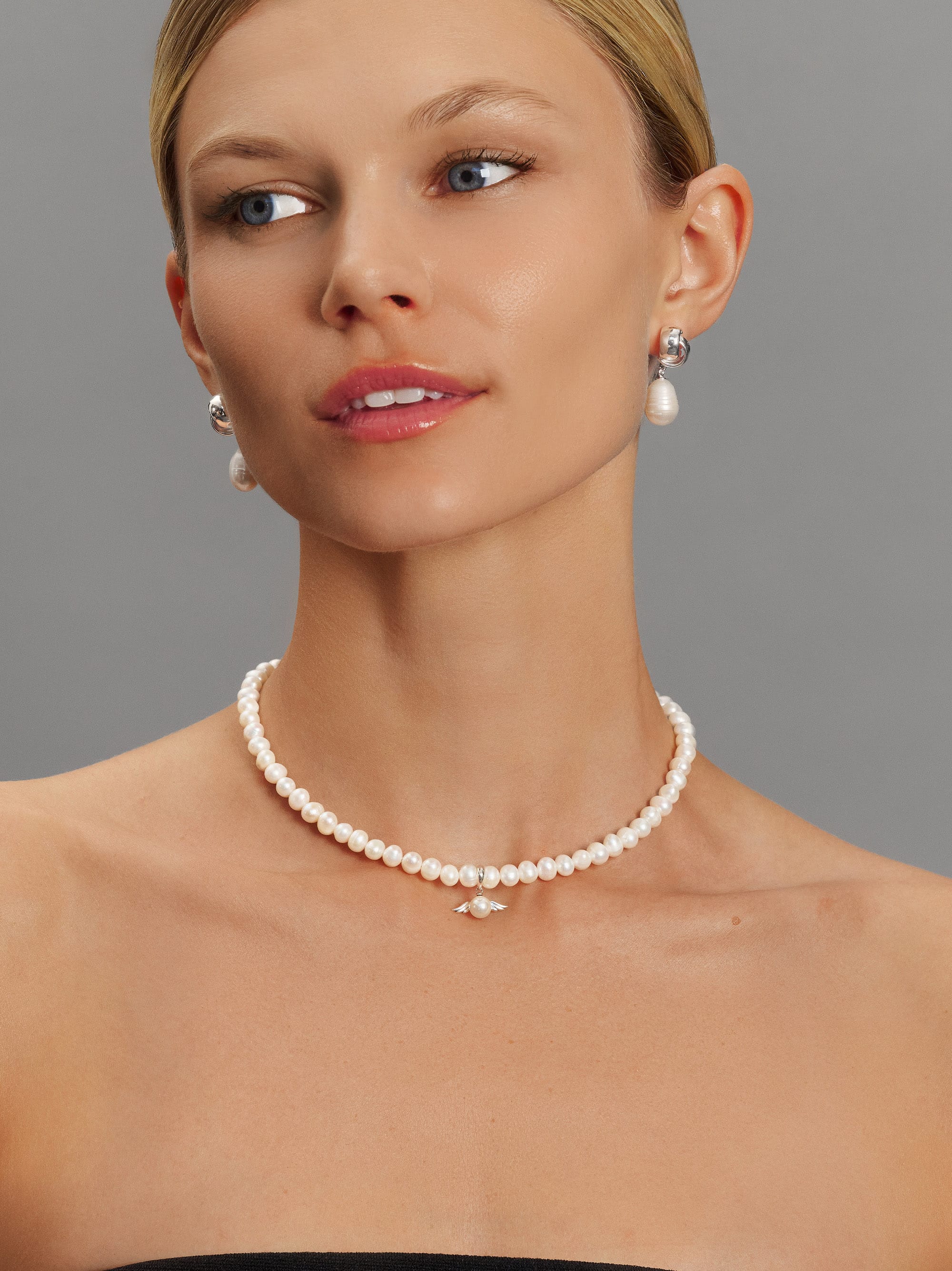 Nialaya Women's Necklace Women's Pearl Choker with Angel Wing Pendant Women's Pearl Choker with Angel Wing Pendant 15 Inches / 38.1 cm WNECK_218