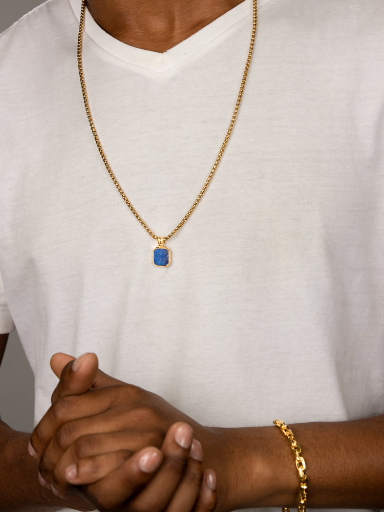 Gold Necklace with Square Blue Lapis Pendant